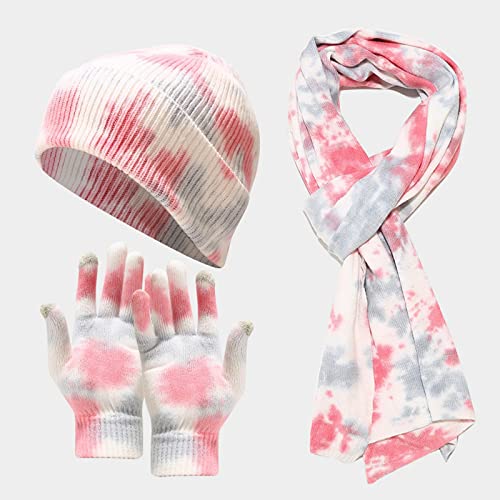 Damin Cowboy Hats Kids Knitted Skiing Tie-Dye Warm Women Windproof Printed Winter Sets Scarf Men Gloves I Run Visor Pink #TOP2