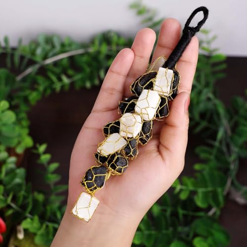 Image of Black Tourmaline /Selenite Rough Chunks Vaastu Door Hanging for Protection from Negative Energy & Evil Eyes (Black & White)