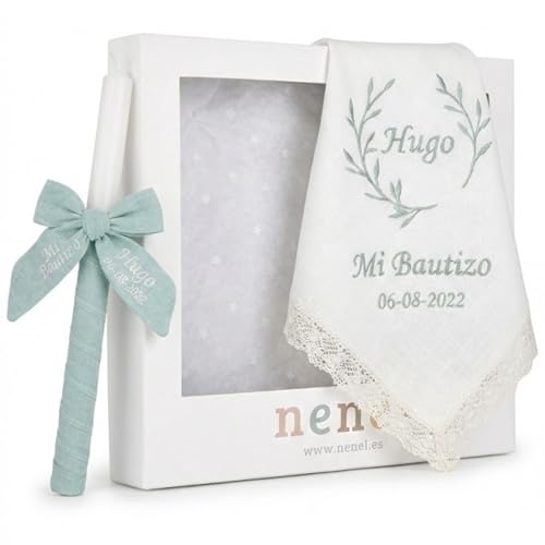 Nenel | Kit de batismo personalizado com vela e pano bordado em linho natural, bambu verde hortelã, presente lembrança original batismo - círio e toalha batismo com nome e data