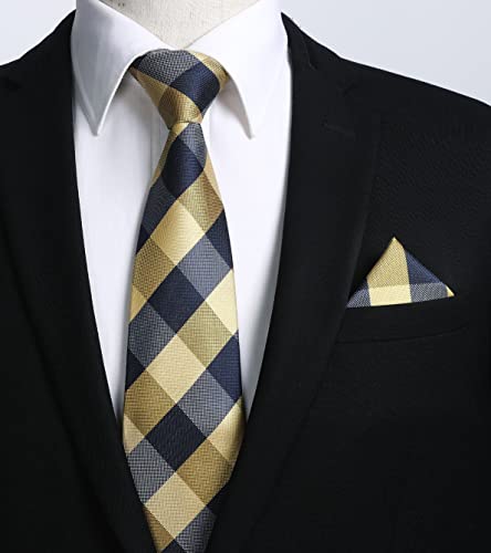 Image of HISDERN Ties for Men Formal Business Plaid Checked Mens Ties and Pocket Square Set Classic Wedding Necktie Handkerchief