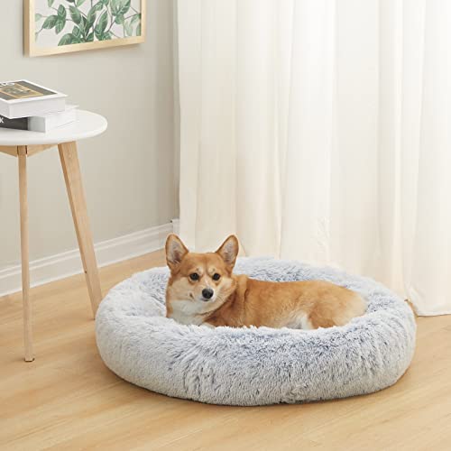 Image of Bedfolks Calming Donut Dog Bed, 30 Inches Round Fluffy Dog Beds for Medium Dogs, Anti-Anxiety Plush Dog Bed, Machine Washable Pet Bed (Light Blue, Medium)