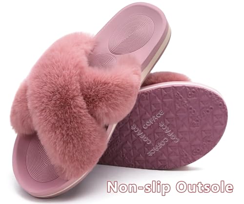 Image of COFACE Womens Fuzzy Slides Fluff Faux Fur Cross Slippers Open Toe Yoga Mat House Slipper Sandals With Arch Support For Indoor /Outdoor