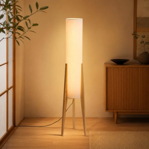 Image of Log Wood Tripod Floor Lamp,Modern Farmhouse Style,50 Inch Height