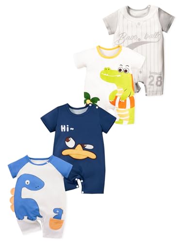 Image of MOSSRIVER Baby Girl Outfits 4 Pack Short Sleeve Footless Romper Snap Crotch Closure Graphic Bodysuit Toddler Boys Clothes