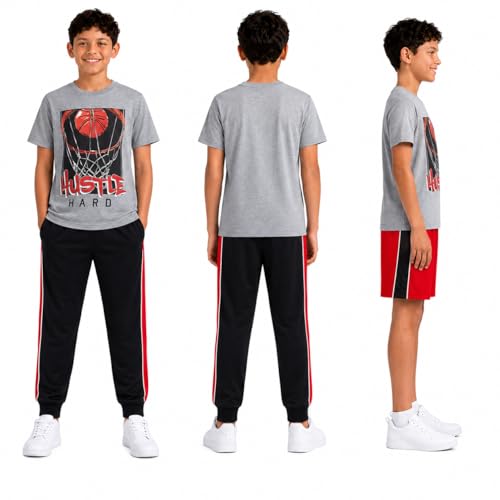 Image of Pro Athlete Boys Pants Set - 3 Piece Active Short Sleeve Graphic Tees Athletic Shorts and Jogger Sweatpants for Boys