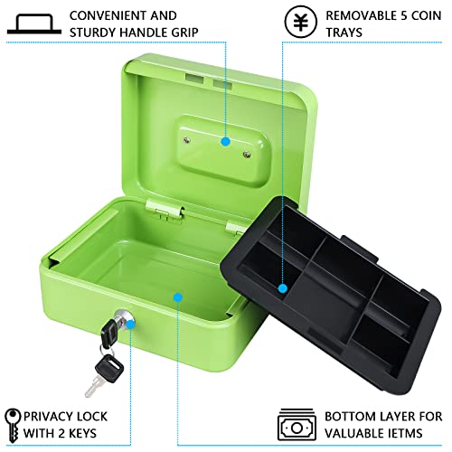 Image of KYODOLED Medium Cash Box with Money Tray,Small Safe Lock Box with Key,Cash Drawer,7.87 inchx 6.30 inchx 3.54 inch Limegreen Medium