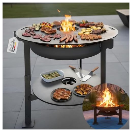 Terma Feuerschale mit Feuerplatte 100 cm -Der Neue Grill-Trend-, Stärke 6 mm mit Unterbau höhenverstellbar Plancha-Platte Feuerschale mit Grillplatte feuertonne mit grillplatte