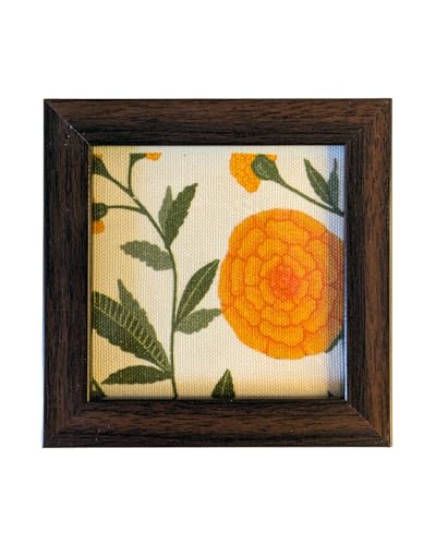 Image of Coaster | Wooden Square Shaped Frame | Stylish Ethnic Tabletop Design | Ideal for Home & Office | Perfect for Tea Cups, Coffee Mugs & Glasses (Marigold, Set of 4)