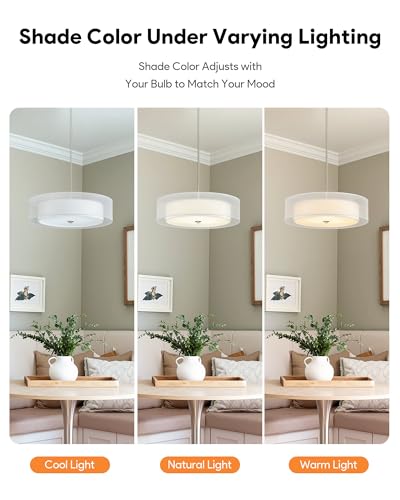 Image of VONLUCE 20 inch Drum Chandelier, 3-Light White Fabric Pendant Light Fixture