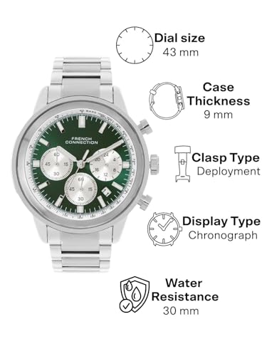 Image of French Connection Sunray Green Round Dial with Stainless Steel Strap Chronograph Watch for Mens - FCN0120SM
