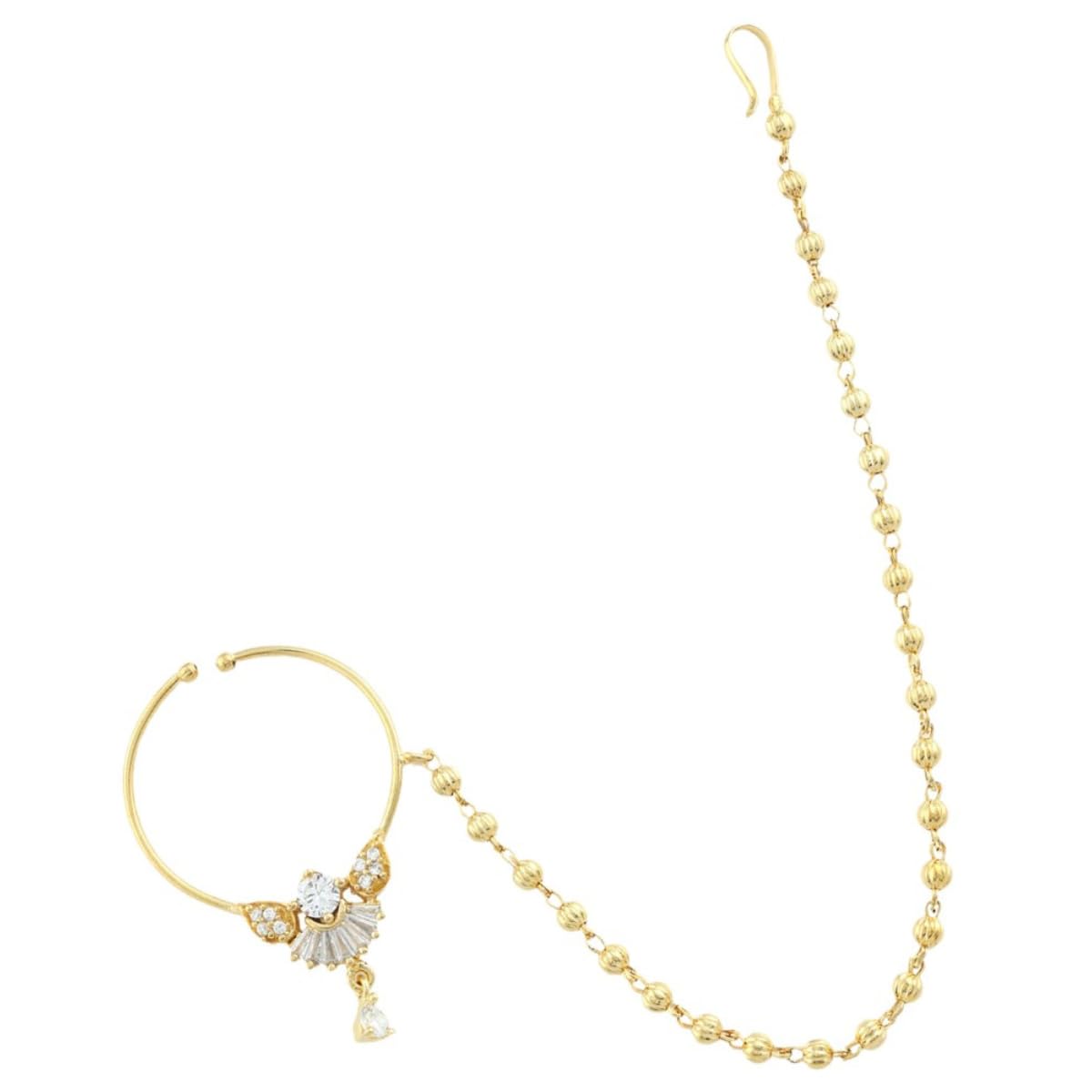 JWELLA Radiant Gold-Plated Nath with Beaded Chain and Diamond Accent/Nath With Chain for women and girls pack of 1 (No piercing required) (B0D9QXGSQ9) Amazon Price History, Amazon Price Tracker