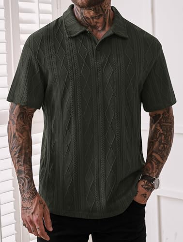 Mens Textured Knit Polo Shirts Loose Fit Stretch Casual Summer Collared Shirt (S-XXL)3