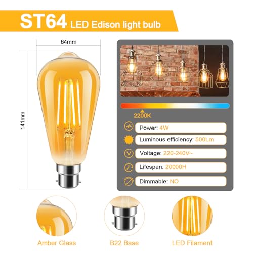 ILEEDear Vintage Edison Light Bulb B22 Edison Screw Bulb ST64, 4W Equivalent to 42W, Retro Amber Glass Screw Lamp - Image 2