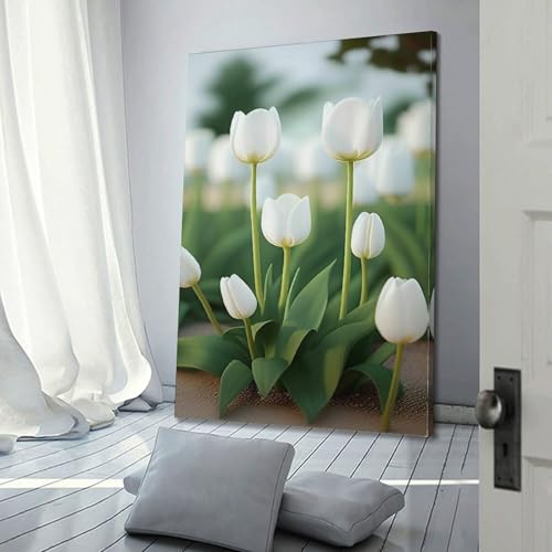 Décoration murale tulipes blanches 50x75cm cadre suspendu moderne