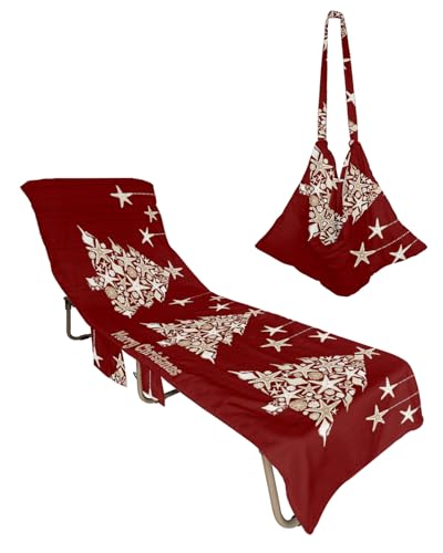 Red Christmas Tree Beach Lounge Chair Towel Cover, Soft Chaise Lounge Towel with Side Pockets Patio Pool Chairs Cover for Beach/Pool Sunbathing 29x85 Xmas Coastal Starfish Shell