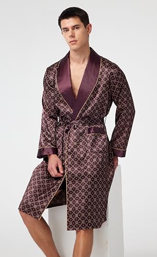 Image of TONY AND CANDICE Men's Satin Robe Lightweight Long Sleeve Silk Kimono Bathrobe with Shorts Set Sleepwear