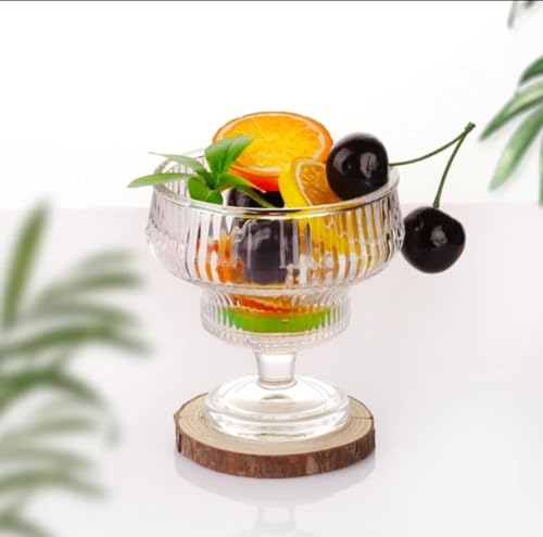 Image of Glassbunny Ice Cream Sundae Glass Bowl Set of 6, Clear Stripes Footed Dessert Bowls Crystal Glass Dessert Cups Perfect for Sundae, Ice Cream, Fruit, Salad, Cocktail, Trifle 300ml