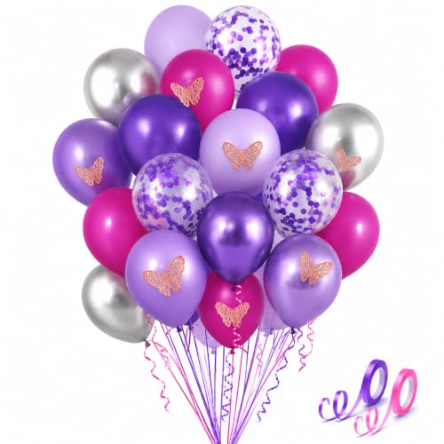 Image of AMFIN (Pack of 50) Butterfly Theme Birthday Decoration Kit Metallic Finish Women Girls Item Purple Rainbow Flower Confetti Chrome Latex Balloons