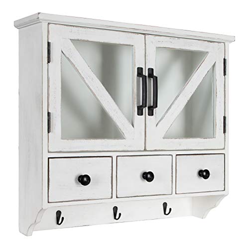 Buy 2 get 3 Kate and Laurel Hutchins Decorative Rustic Wood Wall Cabinet, 21" x 6" x 20", White, Farmhouse Decor Organizer with Magnetic Doors and Three Pull-Out Drawers