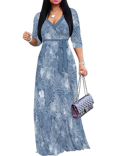 Image of PinkPatty Plus Size Maxi Dress for Women Casual V Neck 3 /4 Sleeve Boho Printed Long Dress with Pockets