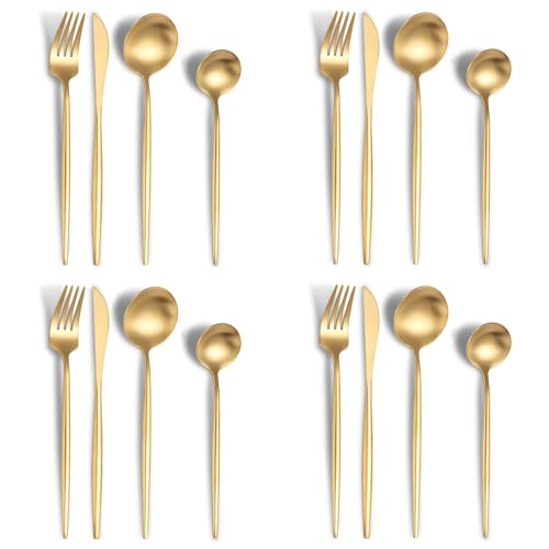 Image of aDai Aurum Gold Silverware Set | Satin Finish 16-Piece Stainless Steel Flatware Set | Dishwasher Safe Cutlery for Home, Restaurant & Gifting