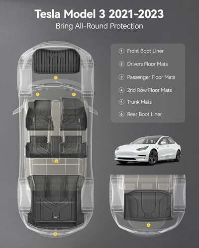 Image of 3W Floor Mats and Trunk Mat for Tesla Model 3 2021-2023 | Full Set All-Weather TPE Floor Liner, Custom Fit Model 3 Accessories, Black, Over 10 Years Lifespan