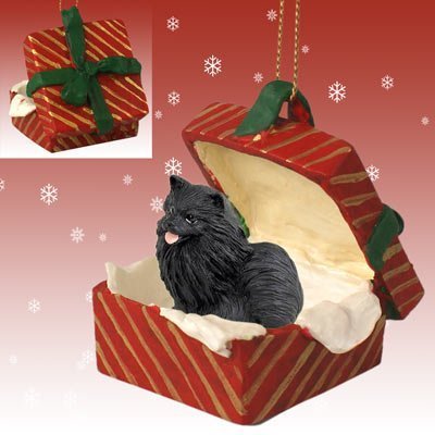 Ornement Poméranien noir décoration de sapin et boîte cadeau rouge