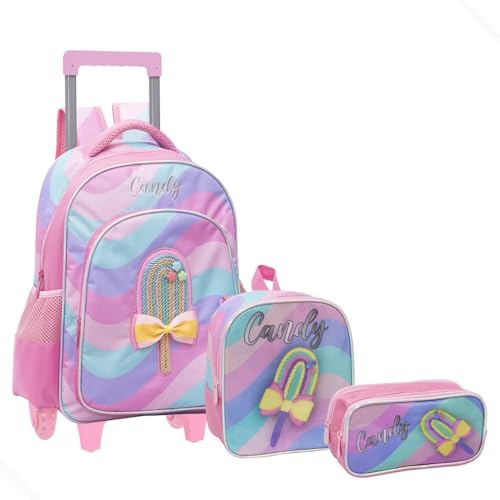 Kit Mochila Bolsa Escolar Rodinha em Gel Meninas Crianças com Lancheira Térmica e Estojo