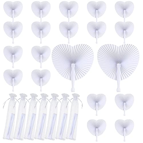 20 conjuntos de lembranças de casamento para convidados leques de papel em forma de coração com sacos 20 pai de papel de mão brancos dobráveis com 20 sacos de presente decoração ideal para festa