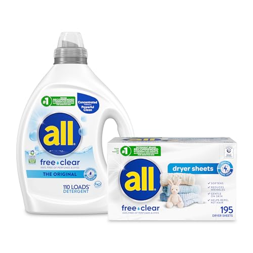 Image of Bundle of all Liquid Laundry Detergent, Free Clear for Sensitive Skin, Unscented and Hypoallergenic, 2X Concentrated, 110 Loads + all Fabric Softener Dryer Sheets for Sensitive Skin, Free Clear, 195ct