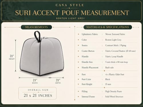 Image of CASASTYLE Signature Velure Suri Accent Pouf | Boston Fabric | 40D High-Density Foam | (Light Grey) | Footrest, Vanity Ottoman & Accent Seat for Home, Office & Hotel