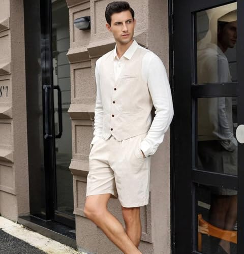 Mens Linen Suit 2 Piece Short Suits for Men Casual Summer Beach Groom Wedding Suit Linen Vest Shorts Set4