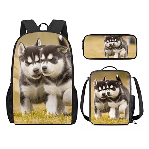 Cumagical Husky Puppies Pattern Kids School Backpack Set 3 Pieces Lightweight Bookbag with Lunch Bag Pencil Case for Boys Girls