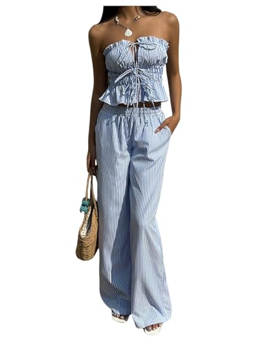 Women's 2 Piece Set Striped Strapless Tie Front Tube Top with Wide Leg Pants Set