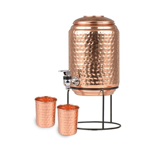 Image of Pure Copper Water Dispenser with Stand, Tap & 2 Glasses | 5 Litre Large Copper Water Pot for Drinking | BPA Free, Non-Toxic, Rustproof Hammered Copper Tank