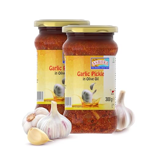 Ashoka 1932 | Pickled Garlic in Olive Oil | All Natural | Indian Pickle Jar | Made with Indian Spices | Pickle Snacks | Medium Spiced | Vegan | Kosher Certified | 300 Grams (Pack of 2)