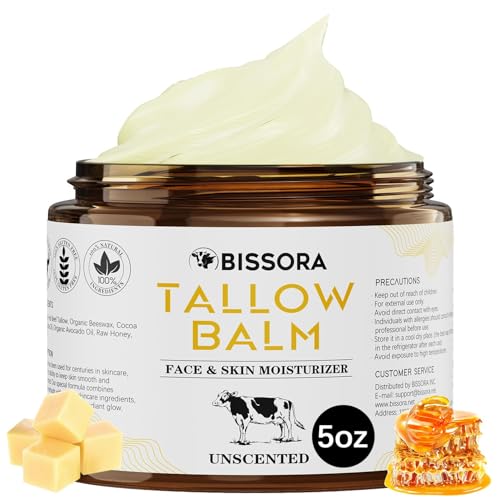 Bissora Beef Tallow for Skin, Organic Grass-Fed Beef Tallow Balm with Raw Honey & Jojoba Oil - Whipped Moisturizer for Face & Body - All-Natural Skin Care for Soft, Hydrated Skin (5 OZ, Unscented)