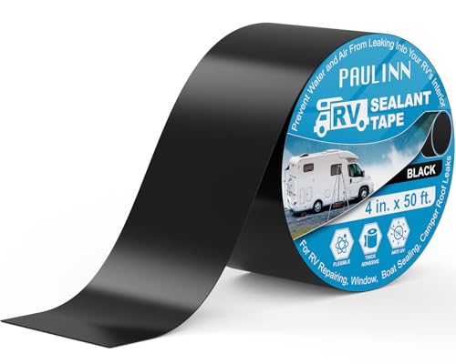 Image of PAULINN RV Camper Roofing Repair Sealant Tape Black, 4 Inch X 50 Foot Natural Rubber Roof Sealing Tape, UV & Weatherproof Roof Seal Tape for RV Camper Trailer Boat Sealing Leak Repair