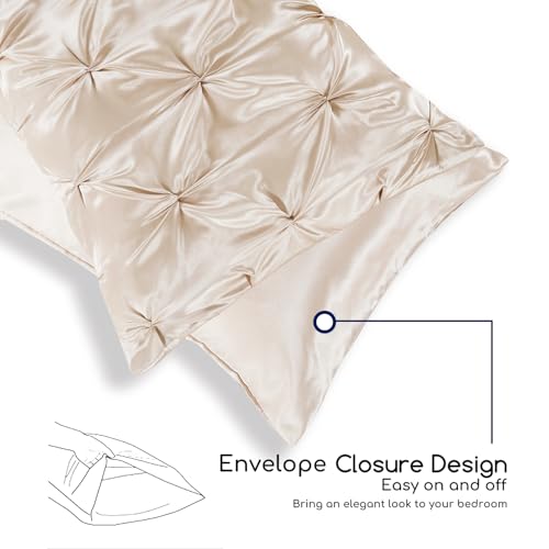MR&HM Satin Comforter Full 7 Pieces - Luxurious Pinch Pleat Bedding Set with Comforter, Flat Sheet, Fitted Sheet, Pillowcases & Shams, Super Silky Soft Bed Set for All Season (Full, Beige)