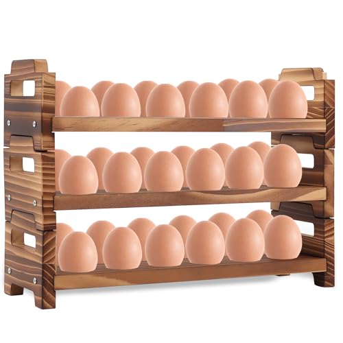 Wooden Egg Holder Fresh Egg Holders Countertop Firewood Eggs Collecting Rack,3 Layer Farmhouse Kitchen Acacia Tray Organizer,Stackable Wood Eggs Tray for 36,34x12x9cm
