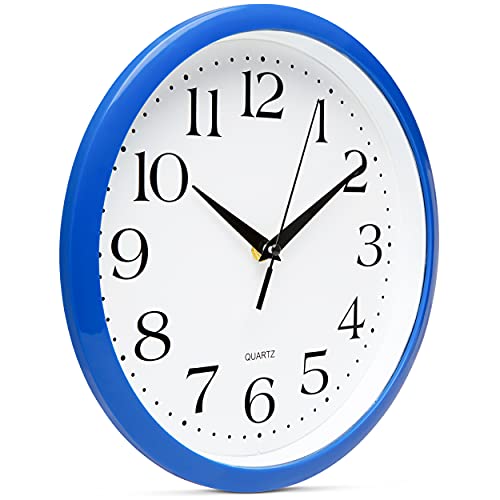 Image of Bernhard Products 10 Inch Blue Quartz Analog Wall Clock - Silent, Easy to Read, Quality Construction, Simple Design, Lightweight, Easy to Hang, Battery Operated