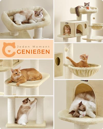 Feandrea Kratzbaum für große Katzen, XXL, hochbelastbar, Katzenturm mit 6 extra dicken Kratzsäulen, große Plattform, Höhle, Korb, flexibel aufbauen, abnehmbare, waschbare Kissen, beige PCT01M – Bild 7
