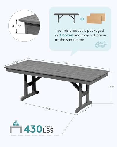 Image of SERWALL Outdoor 84 inch HDPE Dining Table with Umbrella Hole for 6-8, Gray | 9-piece HDPE 84 inch dining table, Ideal for Outdoor Gathering