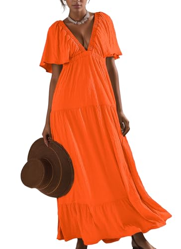 Image of Kikibell Women Summer Dresses Sexy V-Neck Maxi Dress Tiered Silhouette with Flutter Sleeve Backless Elastic Waist Flowy Dress