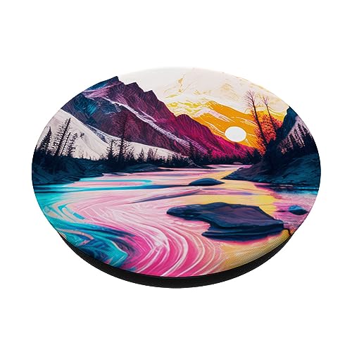 Mountain Wilderness Sunset Skyline Tree River Earthy Forest PopSockets Swappable PopGrip, Black - Image 2