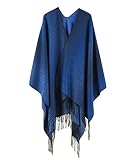 ORANDESIGNE Poncho Crochet avec Frange pour Femmes Pull Poncho Polyvalent de Type Châle Élégant Manteau Cape Echarpe Epaisse Poncho Cardigan Foulard Chaud Hiver avec Franges B Bleu