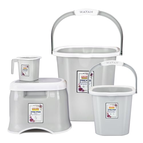 Image of RATAN PLASTICWARE Premia Bathroom Set (Bucket 5L X 1) + (Bucket 18L X 1) + (Mug 1.5L X 1) + (Small Stool X 1) - Diaso Grey|Easy to Carry | Perfect for Use in Bathrooms, Kitchen & Wet Utility Areas