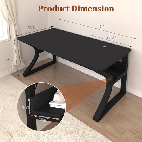 Image of 47 inch Computer Desk, Home Office Desk with Storage Shelf, Sturdy U-Shaped Metal Frame Study Table with Cable Management, Gaming Desk for Office & Bedroom (Black, 47inch)