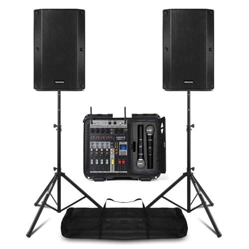 Pack Sono Complet avec Table de Mixage, 2 Enceintes Passives, Micros UHF, Câbles - 1600 Watts, Pied d'Enceines 110 à 175 cm, Bluetooth, MP3, Idéal pour Les...