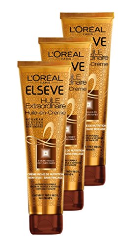 Elsève L 'Oréal Paris, aceite en crema que nutre el cabello sin aclarado, para cabello muy seco y encrespados, 150 ml – juego de 3